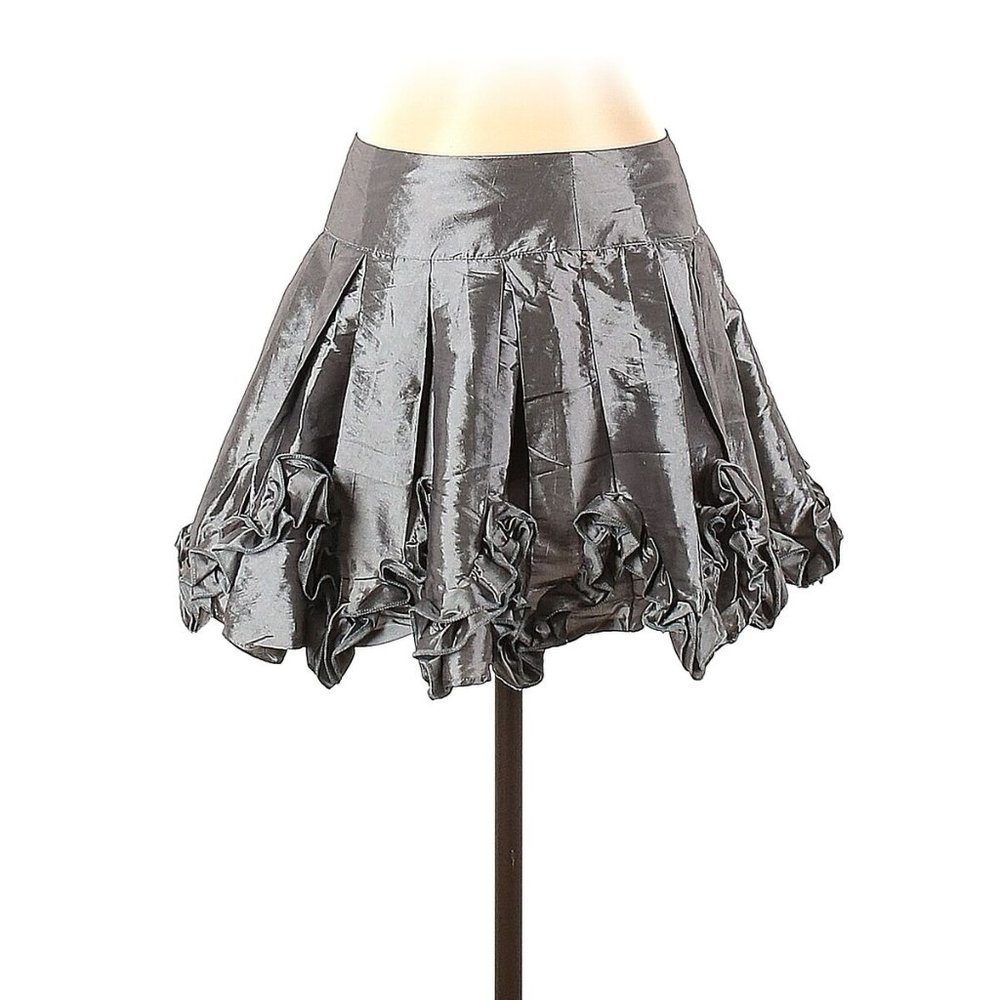 NWT Metallic Silver Taffeta Pleated Ruffle Floral Mini Skater Skirt | Size M